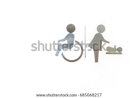 Wheelchair and women with baby, Changing diapers toilet metal sign on white background