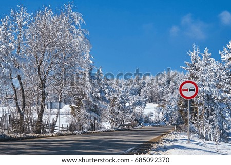 Winter picture. The transport road. Road warning sign. Pine forest. Coniferous trees covered with snow