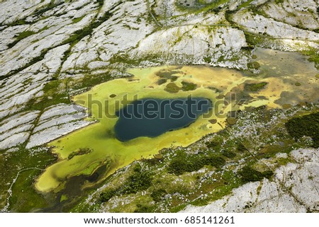 Aerial view of mountain lake in the wilds of County Clare on the West coast of Ireland