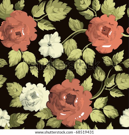 Seamless wallpaper pattern with of red roses on black background, vector illustration