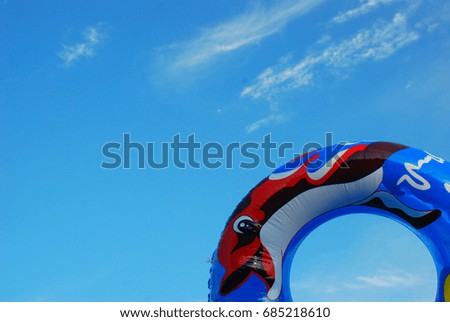 Inflatable circle with a picture of a dolphin against a blue sky with clouds
