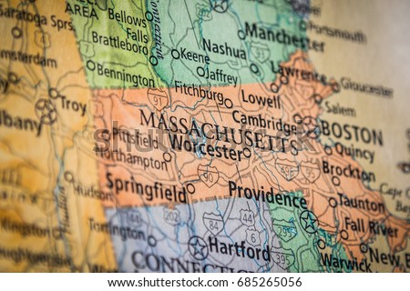 Closeup Selective Focus Of Massachusetts State On A Geographical And Political State Map Of The USA. Royalty-Free Stock Photo #685265056