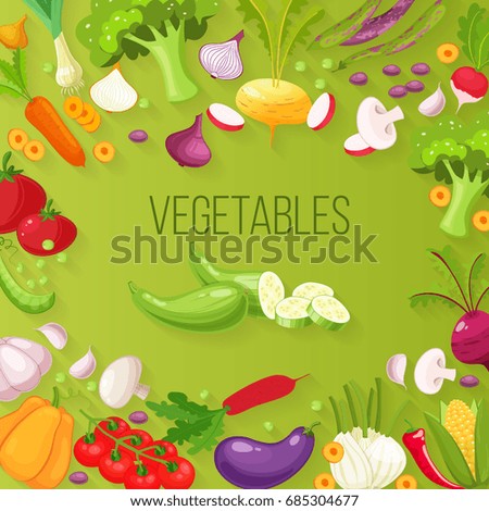 Fresh vegetables background. Farmers market menu design. Organic food poster. Cartoon style vector illustration.