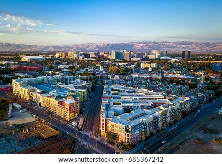 Drone photo of sunset over downtown San Jose in California