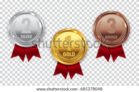 Champion Gold, Silver and Bronze Medal with Red Ribbon Icon Sign First, Second and Third Place Collection Set Isolated on Transparent Background. Vector Illustration EPS10 Royalty-Free Stock Photo #685378048