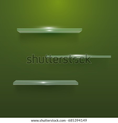 Empty glass shelves on green wall. Realistic 3d vector illustration.