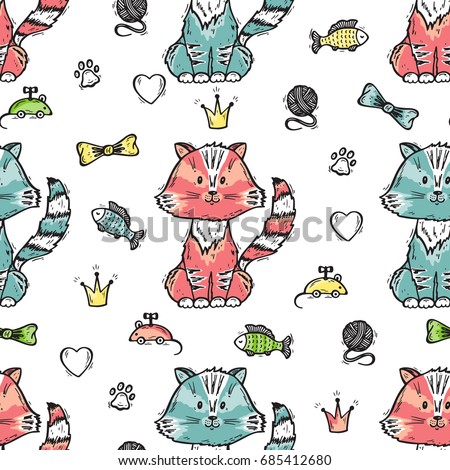 Pet Shop Vector background. Hand drawn doodle Cats and Goods for pets. Cat supplies and Pet Food Seamless pattern 