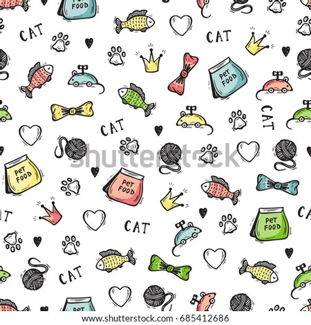 Pet Shop Vector background. Hand drawn doodle Goods for pets. Cat supplies and Pet Food Seamless pattern 