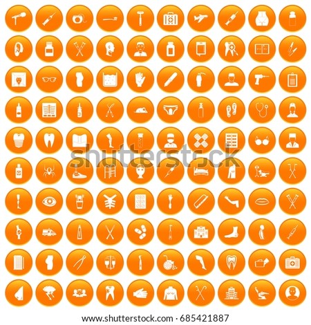 100 medical care icons set in orange circle isolated on white vector illustration