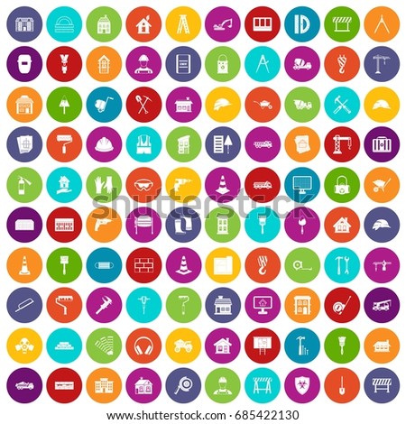 100 construction icons set in different colors circle isolated vector illustration