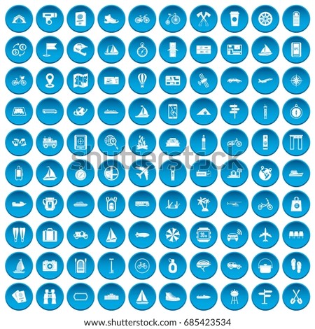 100 voyage icons set in blue circle isolated on white vectr illustration