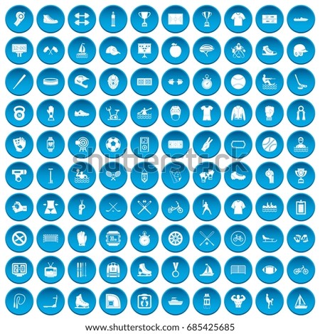 100 sport team icons set in blue circle isolated on white vectr illustration