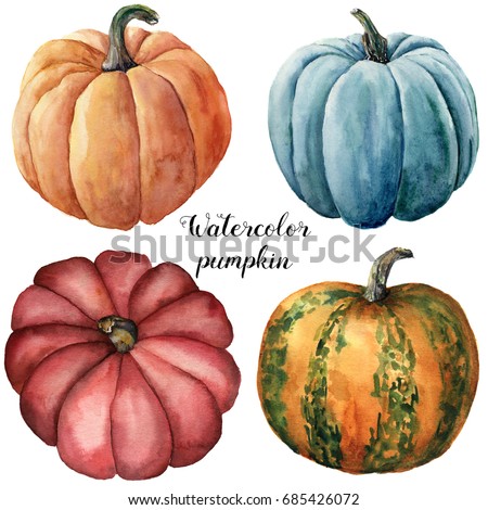 Watercolor pumpkins. Hand painted red, blue, orange and orange with green stripes pumpkins isolated on white background. Botanical illustration for design. Halloween print