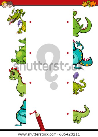 Cartoon Vector Illustration of Educational Game of Matching Halves with Fantasy Dragons or Monster Characters