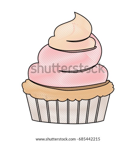 crayon silhouette of hand drawing color cupcake with pink and vainilla buttercream decorative vector illustration
