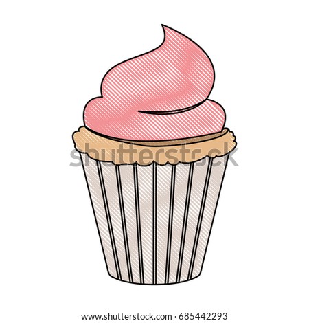 crayon silhouette of hand drawing color cupcake with pink buttercream decorative vector illustration