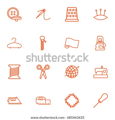 Set Of 16 Sewing Outline Icons Set.Collection Of Crochet, Bobbin, Hanger And Other Elements.