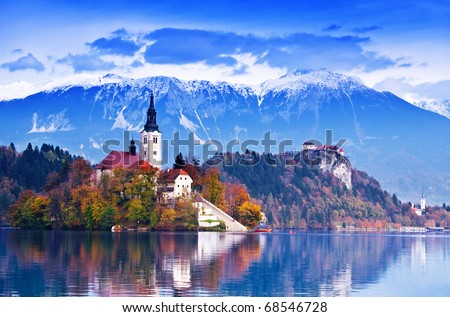 Bled with lake, island, castle and mountains in background, Slovenia, Europe Royalty-Free Stock Photo #68546728