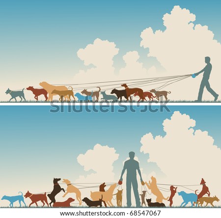 Two colorful foreground silhouettes of a man walking many dogs