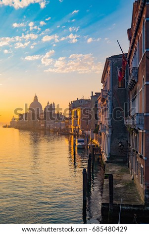 Grand Canal with Basilica di Santa Maria della Salute in Sunrise time, Venice, Italy.