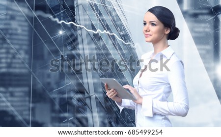 Businesswoman and modern city background. Mixed media