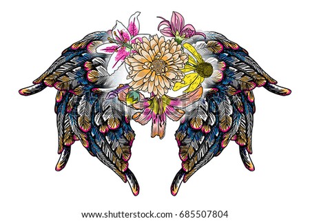 Mother's day drawing layout design with roses, flowers and bird wings. Concept for, flyer, card, invitation. Angel wings and blooming lily, roses Blackwork tattoo in feminine style. Vector.