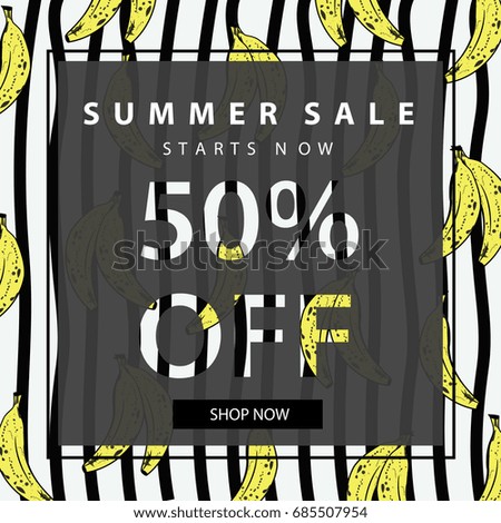 Summer sale banner.Summer poster template.Vintage,abstract design.Tropical,striped pattern background with bananas and zebra print.Vector illustration. 