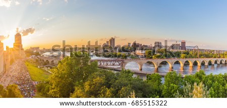 Minneapolis Minnesota at sunset on the Mississippi river, Royalty-Free Stock Photo #685515322