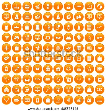 100 online shopping icons set in orange circle isolated on white vector illustration
