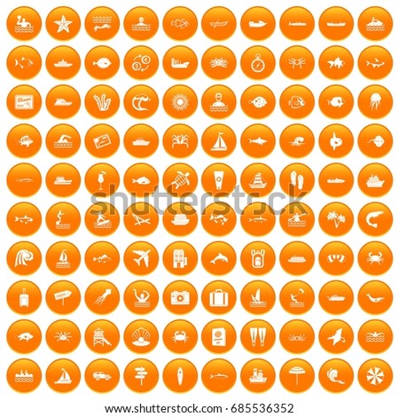 100 ocean icons set in orange circle isolated on white vector illustration