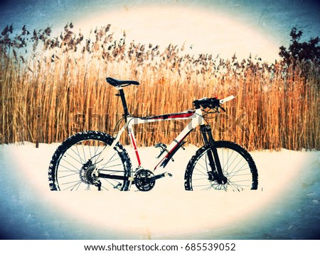 Film grain effect. Mountain bike stay in powder snow. Lost path  in deep snowdrift. Rear wheel detail. Snow flakes melting on dark off road tyre.