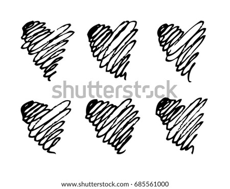 Set of hand drawn object for design use. Black on white abstract  doodle drawing. Vector art illustration grunge hearts