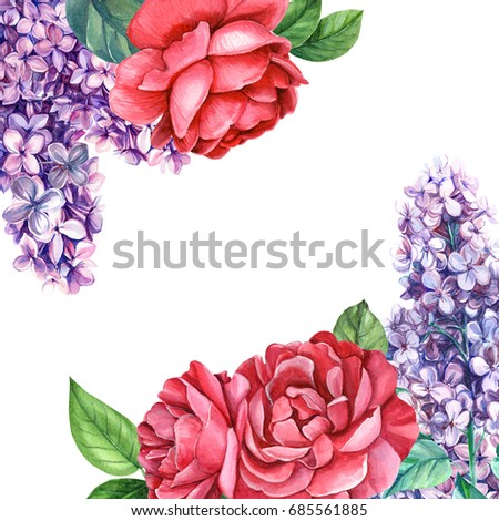 Flora greeting card, red roses and lilac, watercolor