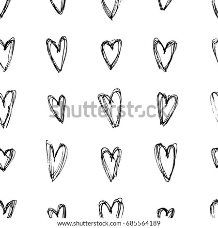 Hand drawn grunge seamless pattern. Black and white female background. Abstract  doodle drawing. Vector art illustration hearts