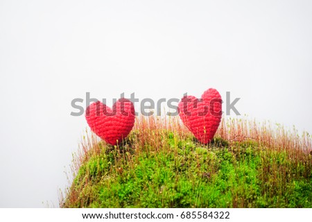 Double Red heart on Green Moss with Autumn natural on white background