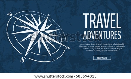 Blue horizontal banner with compass rose on grunge background. Vector illustration.