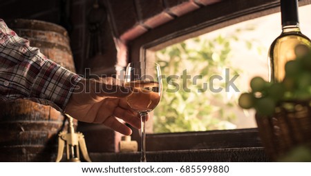 Expert farmer and wine maker tasting a glass of delicious white wine in the wine cellar and lush vineyard on the background Royalty-Free Stock Photo #685599880