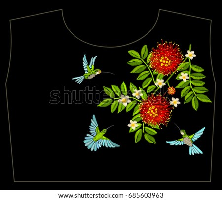 Embroidery with birds and tree branch on black background. Vector fashion ornament for folk fabric decoration.
