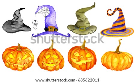 Watercolor Halloween. Hand drawn holiday illustration natural and decorative pumpkins with hats. Artistic autumn constructor clip art. Jack O Lantern