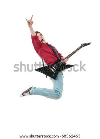 Rock star with a guitar screaming and jumping, isolated on white