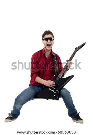Famous musician with guitar singing with passion, isolated