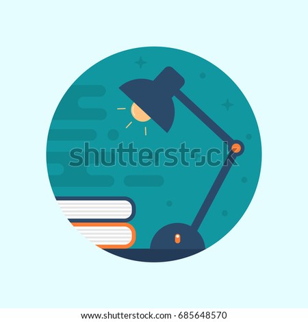 Vector Illustration Design Concept of a Night Lamp on the Table with Books. Flat School Icons
