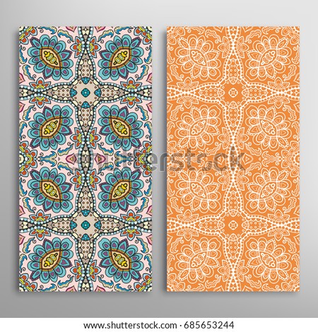 Vertical seamless patterns set, floral geometric lace texture for Wedding, Valentine's day, greeting cards or Birthday Invitations. Decorative seamless backgrounds. Ethnic ornament, border pattern