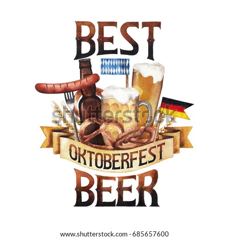 Watercolor glasses of beer, bottles, sausages, pretzels and German flags over the golden ribbon. Hand painted oktoberfest design