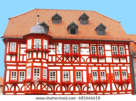 Characteristic and colorful German half timbered fachwerk house, traditional Thuringia, Germany