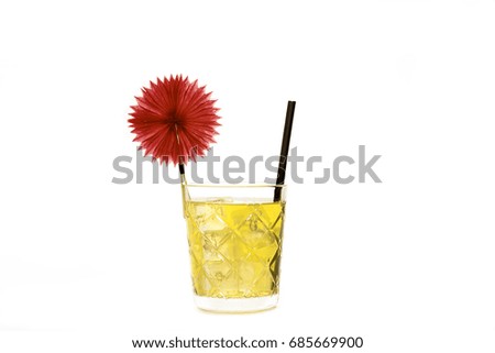 Orange soda on white background with pink ornament and straw