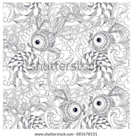 Seamless waves, shells and fishes ornamental monochrome pattern stock vector illustration