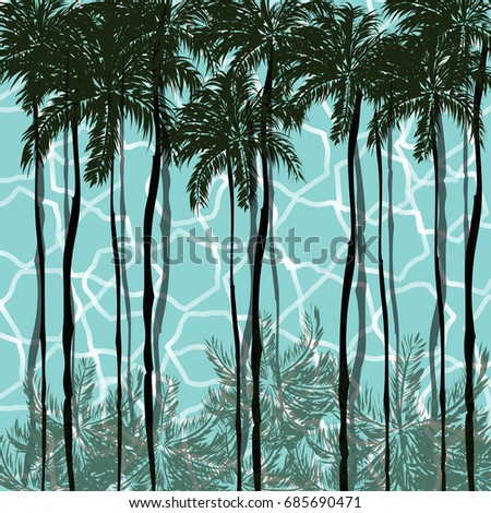 Summer pattern with palm trees and pool,sea water background.Abstract,tropical,vintage,exotic pattern.For textile,texture,fabric,wallpaper,t-shirt design.Vector illustration.