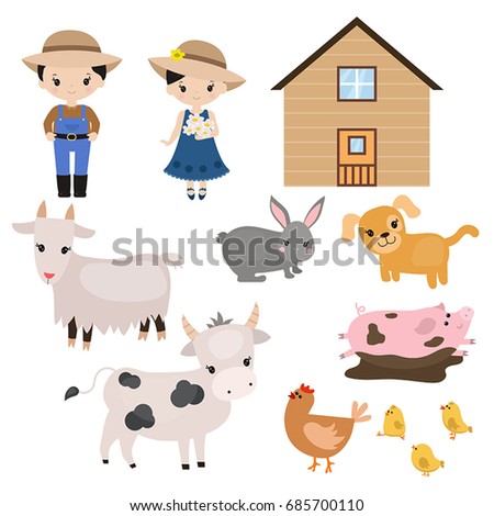 Farmer girl and boy on white background. Set of farm animals.