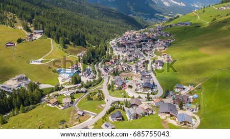 Alta Badia, Sud Tirol, Italy, July 15, 2017. Drone aerial view on the village of San Cassiano
